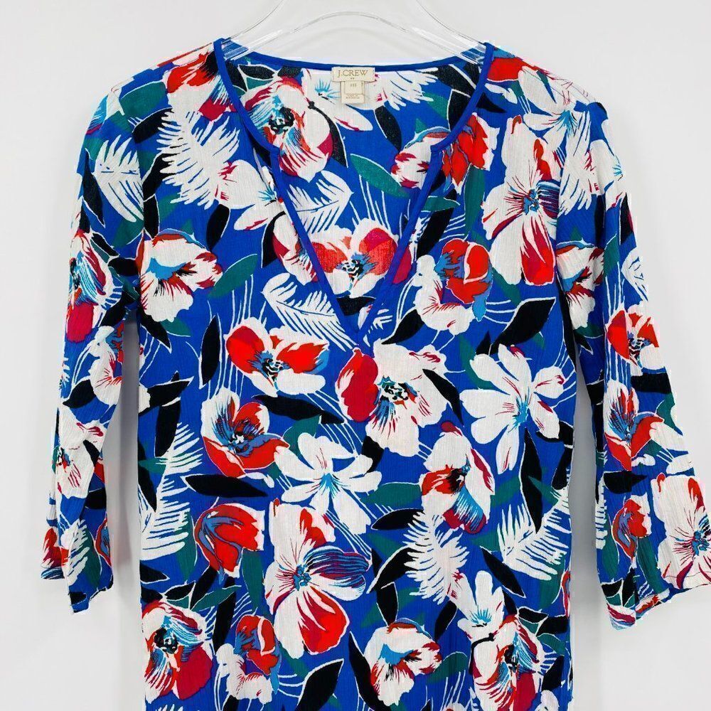 J. Crew Size XXS Blue & Red Floral 3/4 Sleeve V Neck Tissue Tunic Top Coverup - Picture 2 of 6